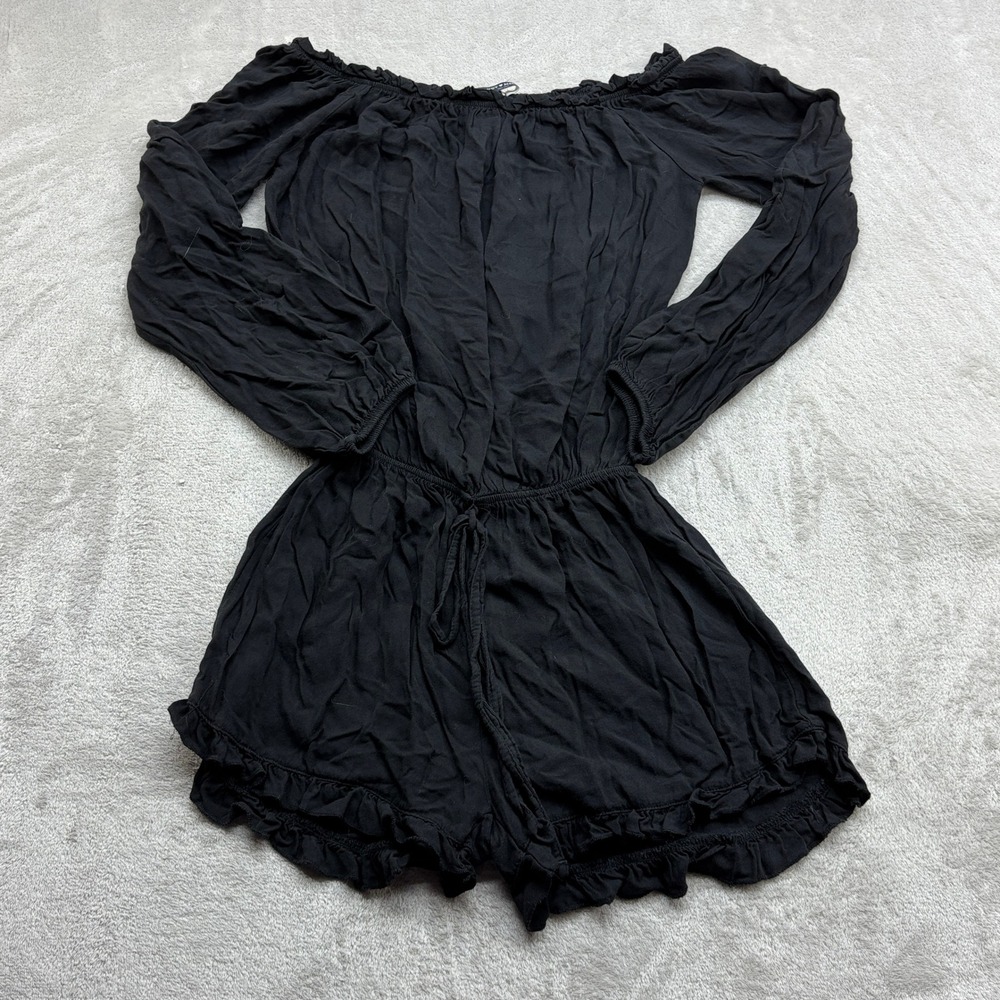 Brandy Melville Romper Women One Size Black Off Shoulder Ruffle Long Sleeve Boho